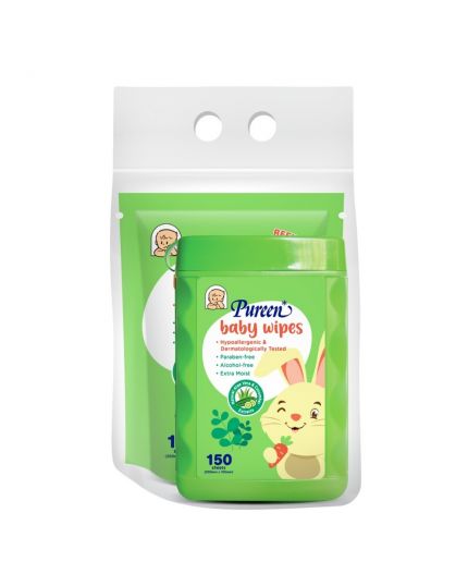 Pureen Baby Wipes 150&#039;s Jar + 150s Refill - Green