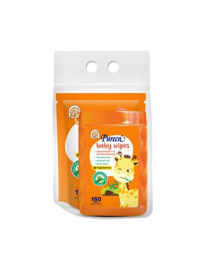 Pureen Baby Wipes 150s Jar + 150s Refill - Orange (Fragrance Free)