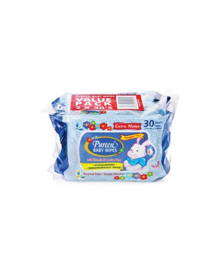 Pureen Baby Wipes - Blue (2 x 30&#039;s) Alcohol Free Paraben Free