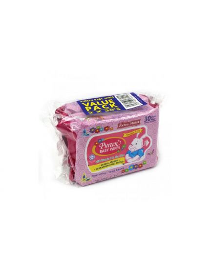 Pureen Baby Wipes - Pink (2 x 30&#039;s) Alcohol Free Paraben Free